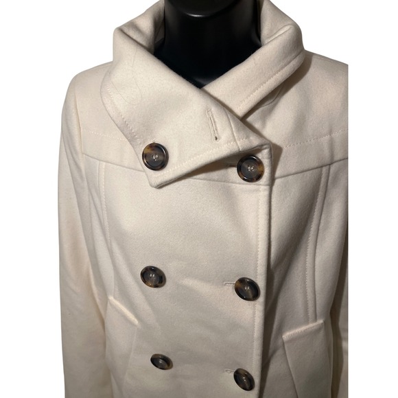 Cream Double Breasted Peacoat Hi Neck Button Up Warm Winter Coat wool blend SZ M - Picture 5 of 10